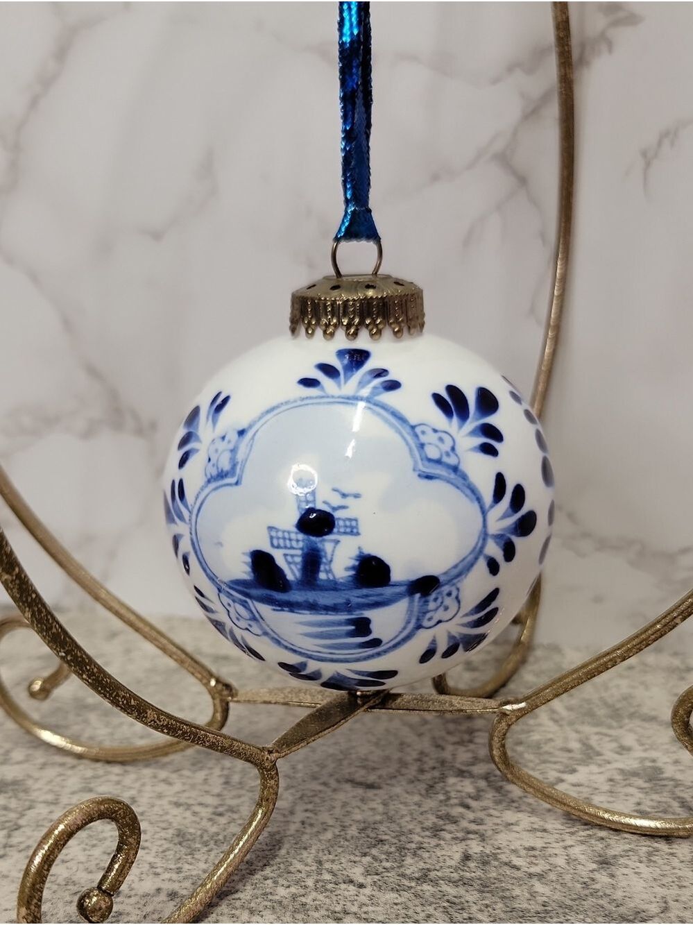 Vintage Blue white windmill Delft Blue ball holiday ornament